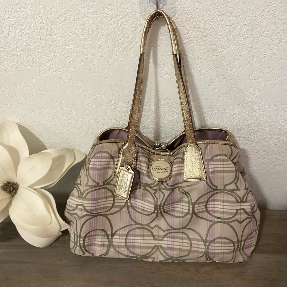 COACH Signature Multicolor Tartan Plaid Tote Shoulder Bag w Gold Straps & Wrist.